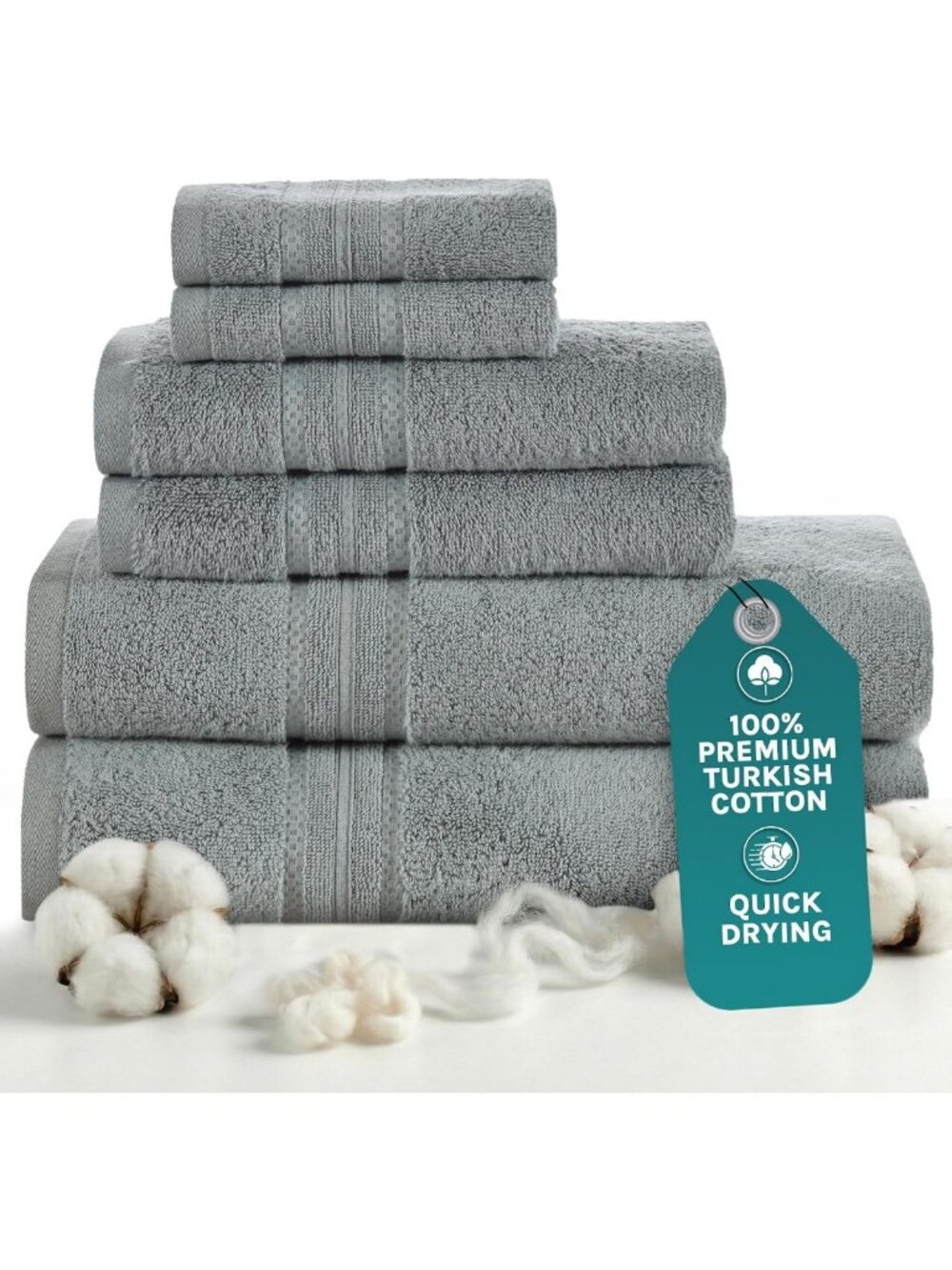 Luxury Turkish Cotton Bath Towel Set - 6 Soft Quick-Dry Towels, Oeko-TEX, Gray